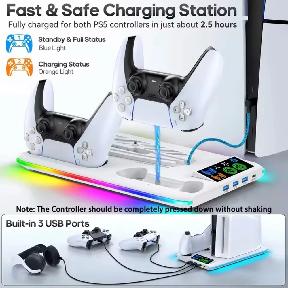 PS5 Disc Digital Slim/pro Stand Cooling Stand Dual Controller Charge Station Led